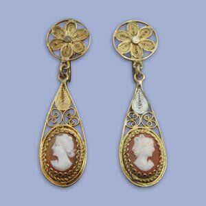 835 Silver Antique/Vintage Italian Carved Shell Cameo Earrings